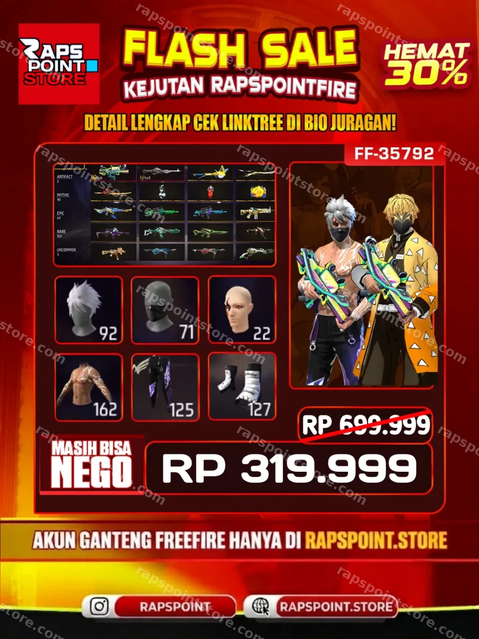 Evo Groza 6, Evo M60 5, Sg 2 Lumut, Sg 2 Mamba, Sg 2 Bunny,Rambut Kakashi Putih, Golden Futurnetic Bundle On, Jiraiya On, Baju Zenitsu, Shadow Earthshaker On, Arctic Blue