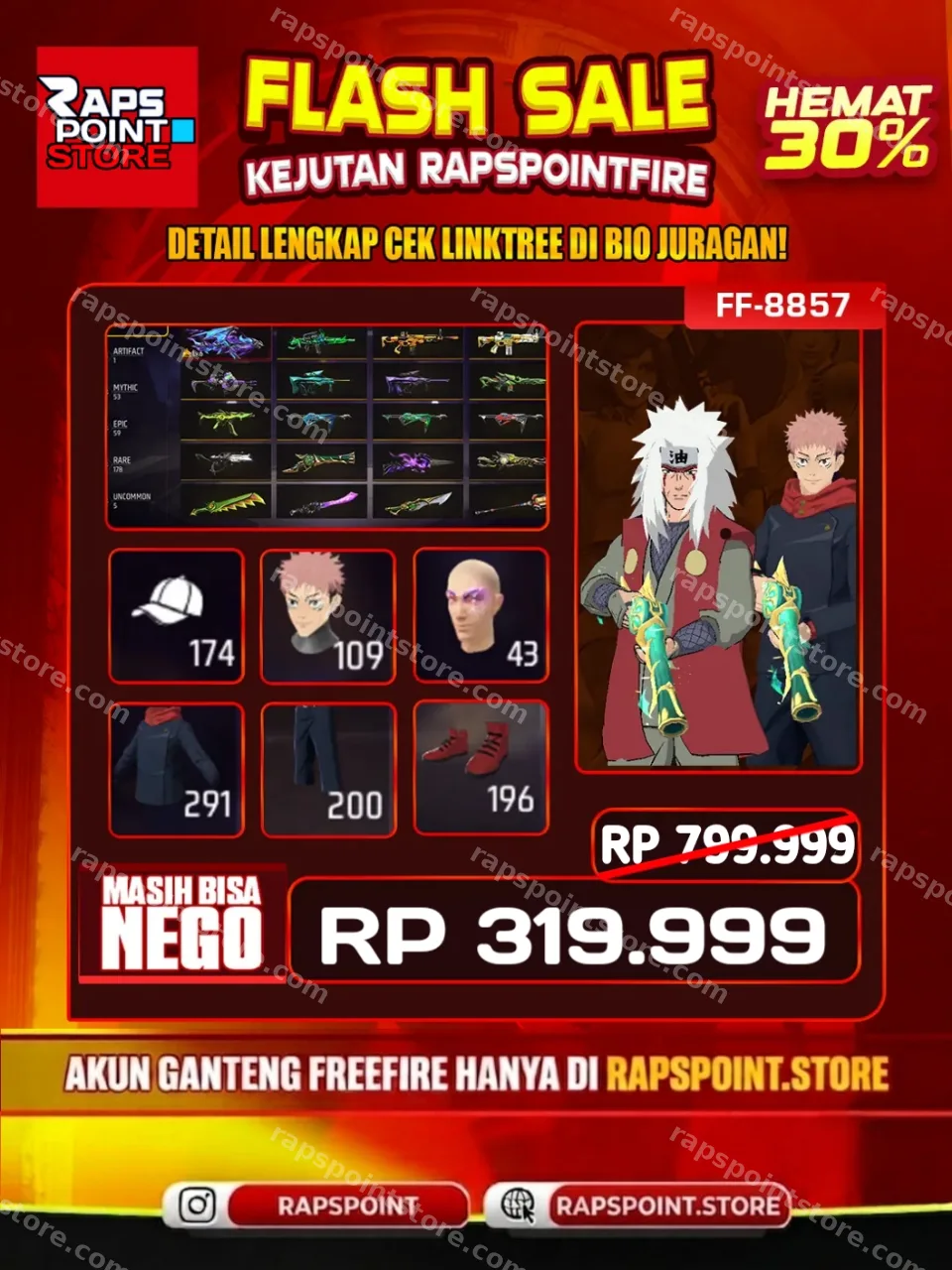 YUJI JJK ON, Jiraiya ON, SHADOW EARTHSHAKER ON, ARCTIC BLUE, RAMBUT KAKASHI PUTIH Harga